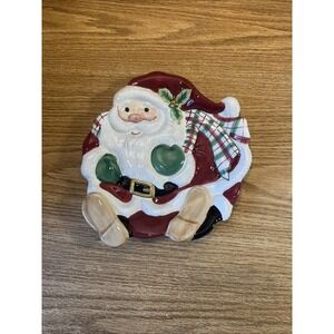 Fitz & Floyd Christmas Santa Claus Canape Plate or Display+Stand Red/Plaid/Holly